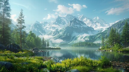 Fototapeta premium Serene mountain landscape: Illustrate the majestic beauty of a serene mountain landscape.