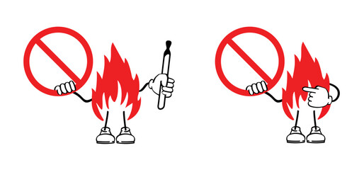 Ablaze mascot, flame with burning hot sparks. Matches, matchstick, lucifer logo. Smoking, fire or flame icon. Match lighted icon. No flames allowed. Stop, do not open fire sign. Matchsticks