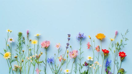 A variety of colorful wildflowers arranged against a light blue background, showcasing the beauty and diversity of nature.  © RaptorWoman
