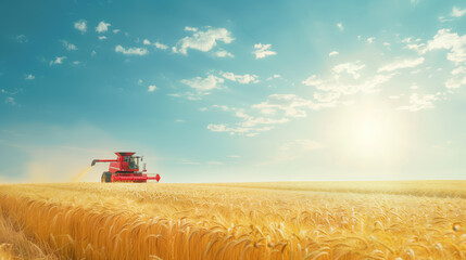 Fototapeta premium A red combine harvester working in a vast golden wheat field under a bright blue sky with scattered clouds. 