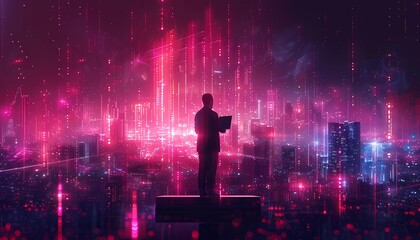 The Digital Maestro: Conducting a Symphony of Numbers, businessman standing on a digital stage, leading an orchestra of numerical data to audit and evaluate corporate financial statements,