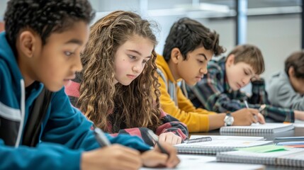 Students participating in a math competition, intensely focused on solving complex problems