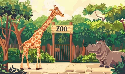 Fototapete Rund Animated cartoon entrance gates to a zoo with safari animals © Mark