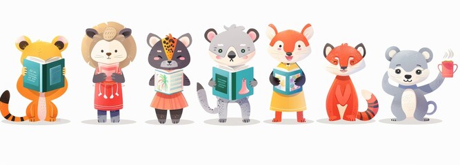 Cartoon flat illustration showing cute animals reading books.