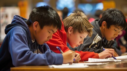 Students participating in a math competition, intensely focused on solving complex problems