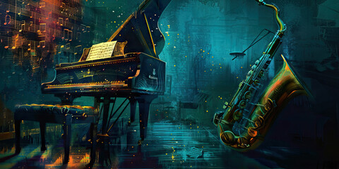 Midnight Jazz Club: Music Notes Set Against a Dark, Moody Background with Jazz Instruments.