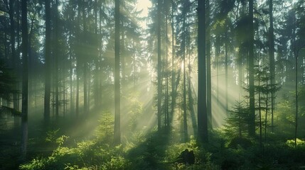 Obraz premium serene misty forest landscape with sunbeams atmospheric nature photography