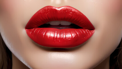 Obraz premium Close up of woman's lips with red lipstick, card with copy space