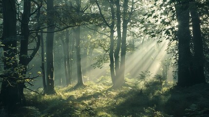 Obraz premium serene misty forest with sunbeams filtering through trees enchanting woodland landscape