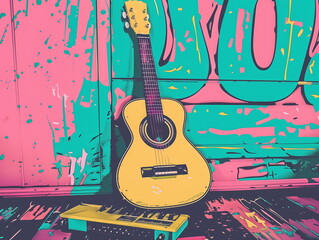 A cartoon-style illustration of an acoustic guitar leaning against the wall, with colorful musical...