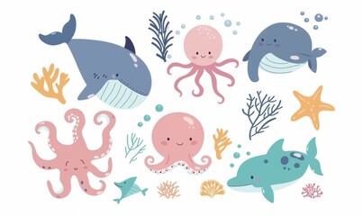 Cute sea life set modern with whale, octopus, fish, crab, jellyfish, turtle, starfish and stingray. Cute sea life in flat design.