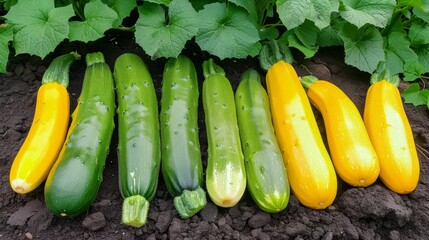 long cucumbers and yellow zucchini on the ground in the garden generative ai