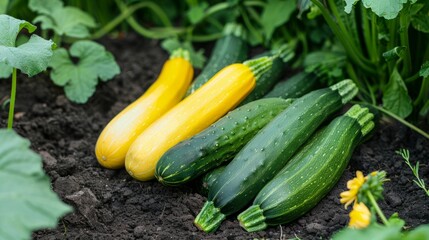 Obraz premium long cucumbers and yellow zucchini on the ground in the garden generative ai