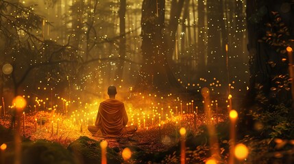 serene monk meditating in candlelit forest spiritual enlightenment digital illustration