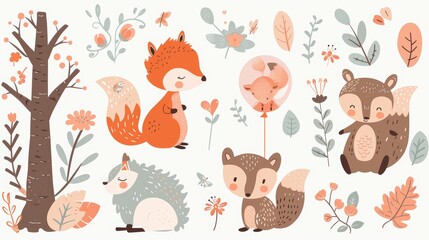 A set of cute forest animals with balloons. Modern illustrations in hand-drawn style. Deer, squirrel, skunk, hedgehog and fox in cartoon flat style. Collection for postcards, banners, posters,