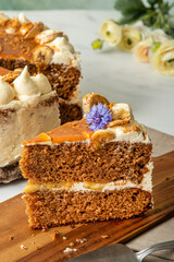 Banana and caramel cake on a table. Beautifully decorated.