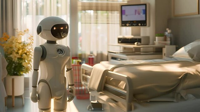 An advanced robotic assistant in a hospital room, equipped with modern technology to support patient care and enhance medical services, highlighting the future of healthcare.