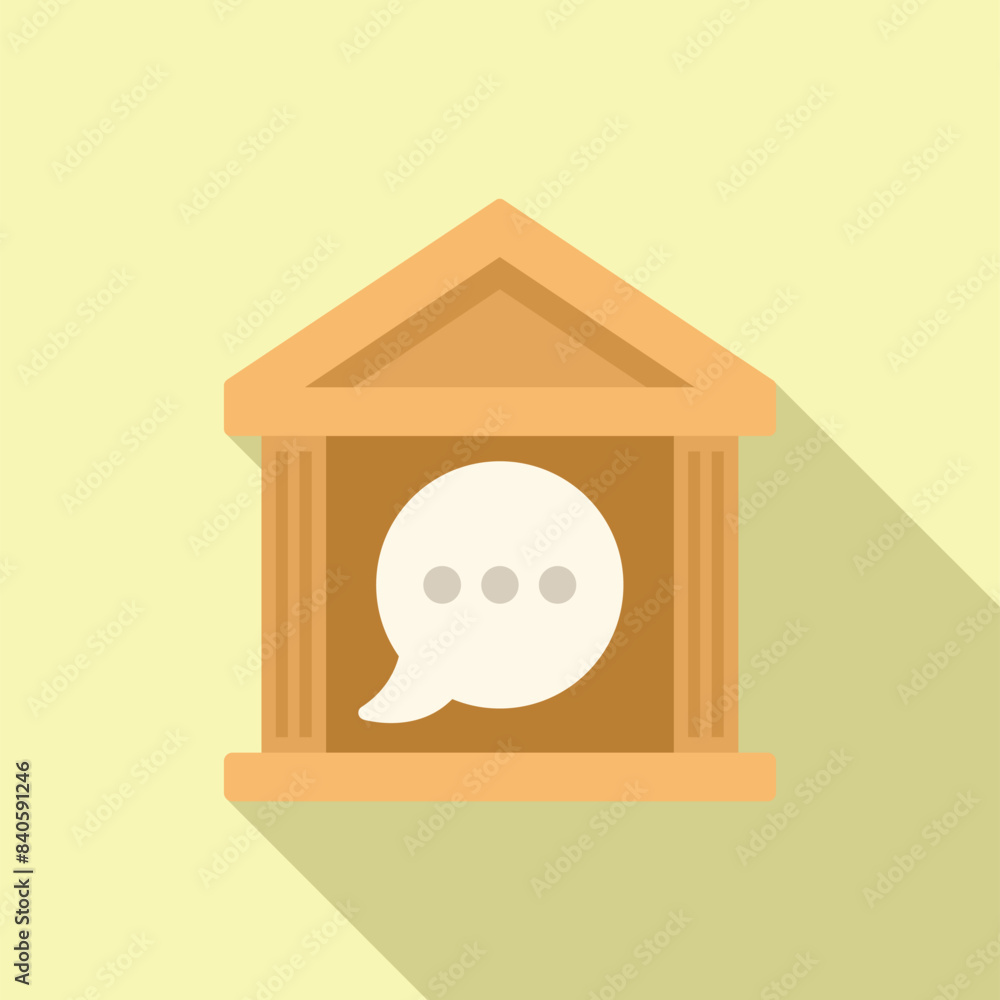 Poster simplistic vector icon of a house with a speech bubble, representing a chat platform
