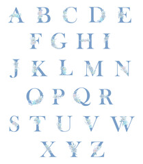 Blue elegant alphabet with watercolor flowers