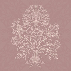 Mughal Art is a traditional circuit bunch flower of floral ornaments. A beige motif on a light background, isolated element. Fantasy traditional bouquet.