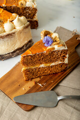 Banana and caramel cake on a table. Beautifully decorated.