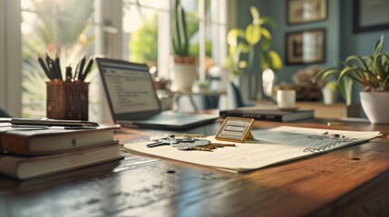 A real estate agent's desk with house listings and keys, suggesting an upcoming home tour