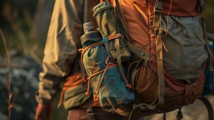 closeup of backpack and hiking equipment generative ai