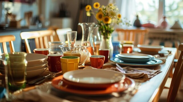 Dining table set with plates and cutlery as a family unpacks kitchenware