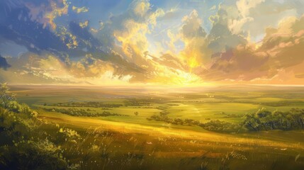 Obraz premium serene prairie afternoon breathtaking aerial vista with fantastical touch perfect nature wallpaper for digital devices digital painting