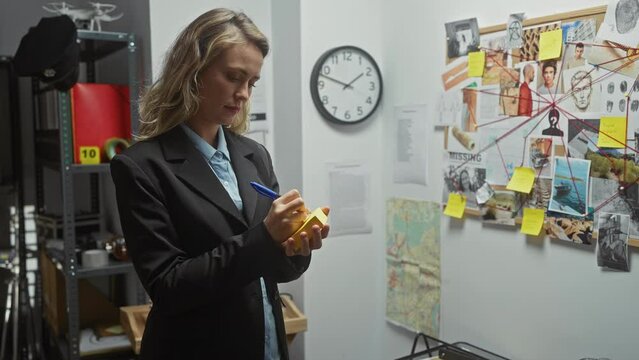 Young blonde woman detective analyzing crime evidence in a cluttered police station office