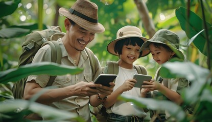 Family of three, a father and two children, were in a jungle using an iPad to take photos together, smiling happily. The background was lush greenery, creating a warm atmosphere