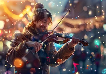 Fototapeta premium Violinist playing in the street, surrounded by musical notes and colorful lights. The man is wearing warm winter with his hair tied back. He has an expression of joy