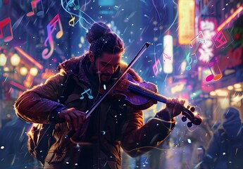 Fototapeta premium Violinist playing in the street, surrounded by musical notes and colorful lights. The man is wearing warm winter with his hair tied back. He has an expression of joy