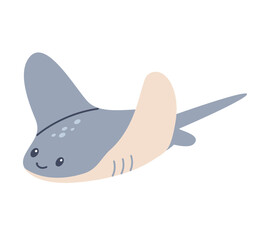 Flat vector illustration in children's style. Cute manta ray, stingray, cramp fish with smiling face on white background
