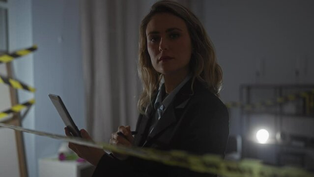 A focused young blonde woman investigates a dimly-lit crime scene indoors, analyzing evidence with a pen and paper.