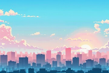 Fototapeta premium Panoramic anime city skyline flat design, top view, minimalist theme, cartoon drawing, colored pastel