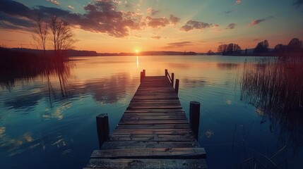 Obraz premium serene sunset reflecting on tranquil lake peaceful nature landscape