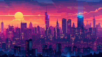 Panoramic city skyline flat design, top view, anime theme, animation, vivid