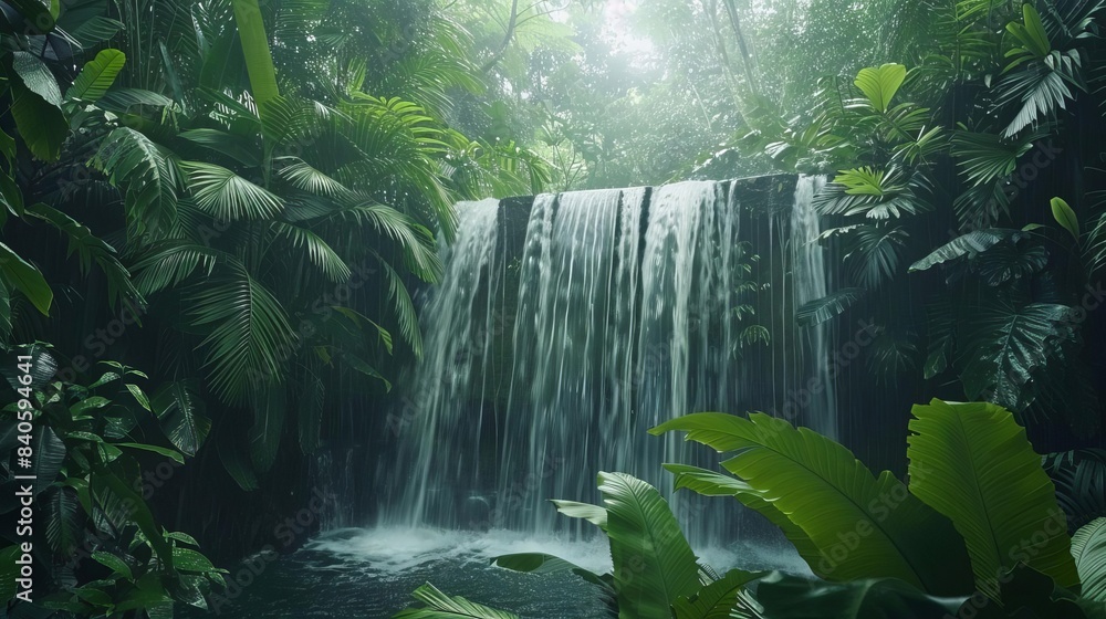 Canvas Prints serene waterfall cascading through lush equatorial rainforest soft ethereal light filtering through dense foliage