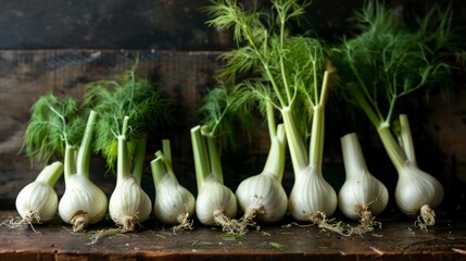 fennel with its green leaves and horseradish roots on the ground generative ai