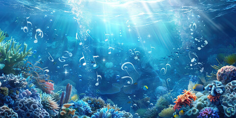 Fototapeta premium Ocean Melodies: Music Notes Drifting in the Sea with Marine Life and Coral Reefs