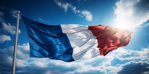 Flag of France against blue sky. Countries of the world. Travel