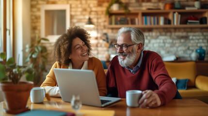 Fototapeta premium An elderly man and woman smiling as they collaborate on a laptop in their comfortable home, reflecting the joy of companionship and technology use in their daily lives