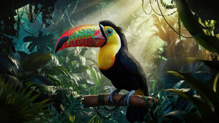 Obraz premium A stunning and vibrant 3D render of toucan in jungle, photo, 3d render, anime, illustration, conceptual art, vibrant, cinematic, painting, poster