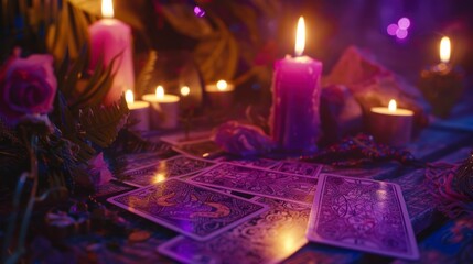 tarot cards on an esoteric style table with lit candles