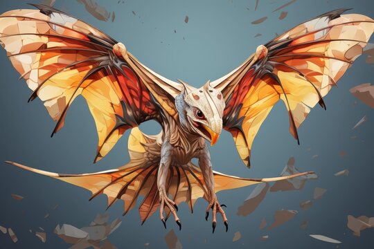 Pterosaur wingspan reconstruction flat design, front view, paleontology theme, 3D render, tetradic color scheme