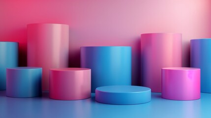 A row of blue and pink cylinders are arranged in a row