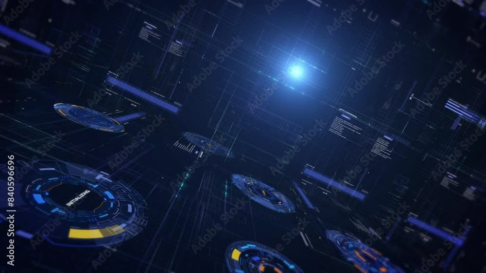 Aufkleber Futuristic user interface infographic with digital hologram information display. HUD system technology perspective or landscape view 4K motion background