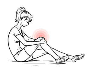 Young woman with knee pain. Knee injury in sports. Vector illustration hand drawn. Black outline