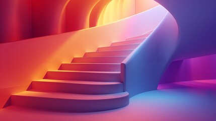 A staircase with a rainbow colored wall behind it